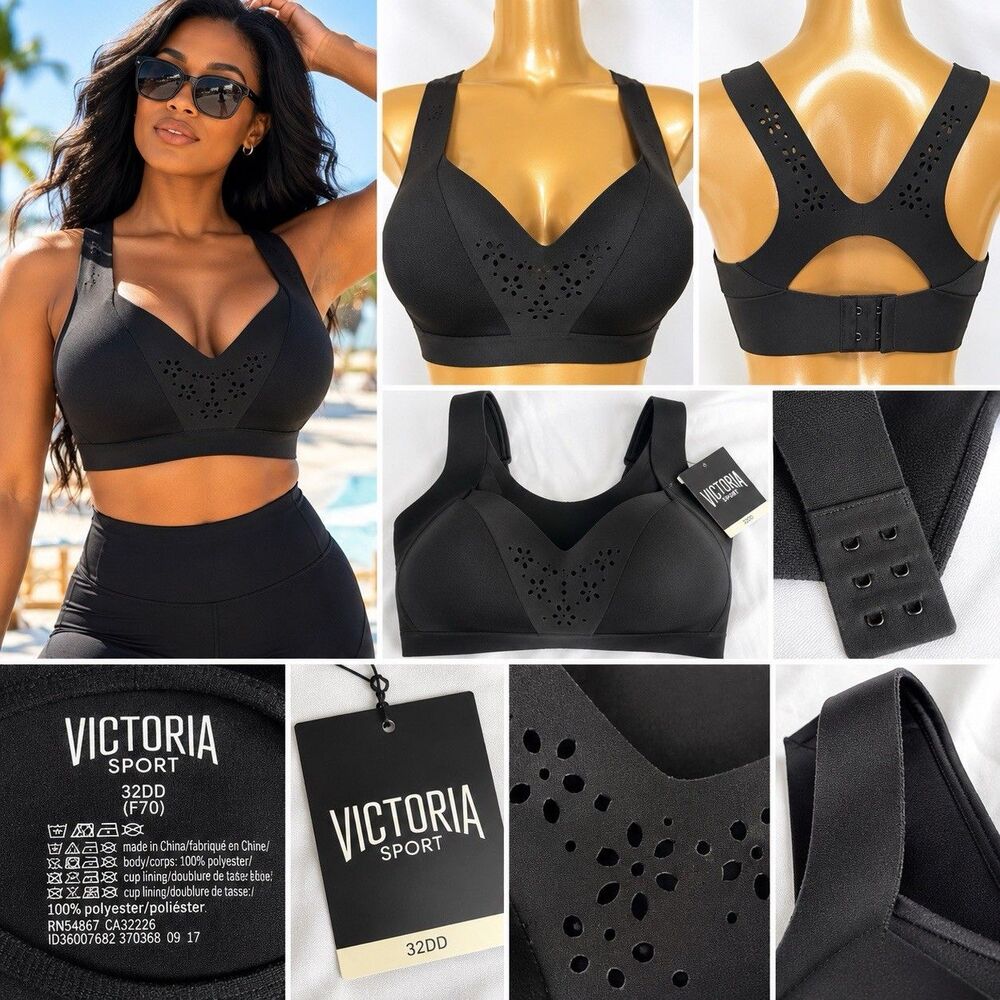 Victoria Sport Sports Bra 32DD Black Racerback H Maximum Support Laser Cut NWT